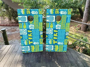 WASSERDICHT & AUSBLEICHFEST Cornhole Board Wraps Grün und Blau Tiki / - Bild 1 von 9