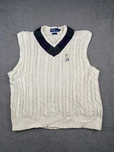 VTG Polo Ralph Lauren Tennis Sweater Vest Mens Medium Beige Cable Knit Cotton - Picture 1 of 12