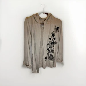Lucky Brand Strickjacke Hoodie Damen M beige schwarz Blumen Bindegürtel - Bild 1 von 17