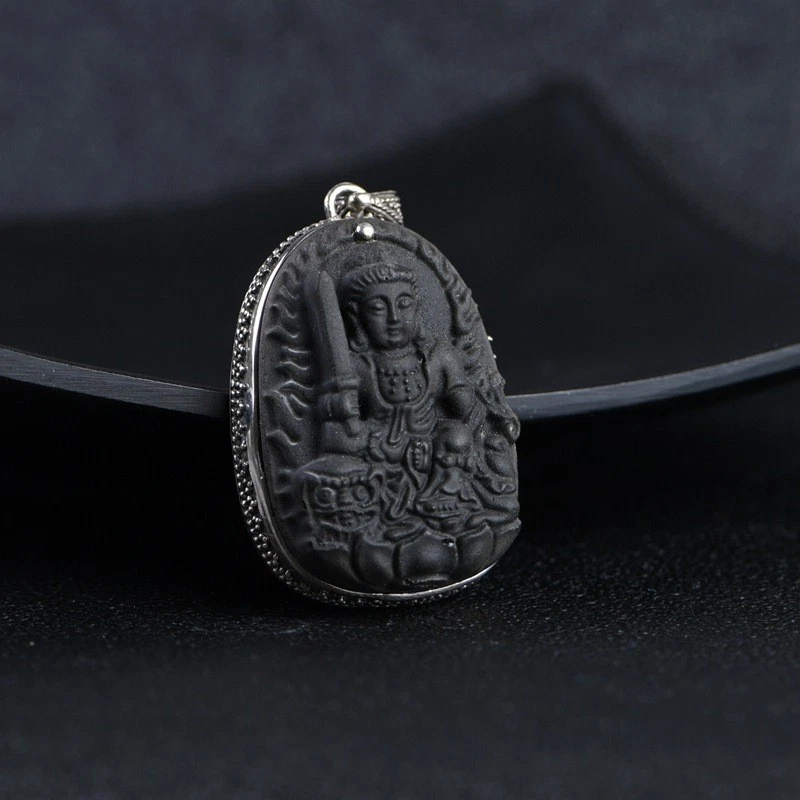 Colgante de plata esterlina S925 BUDDHA BODHISATTVA ágata negra tallada vintage 25 g Foto 1 de 4