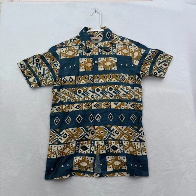 Vintage Penneys Shirt Men M Blue Geometric Loop Collar Camp Pocket Button Up 70s - Image 1 of 4