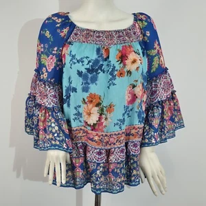 John Mark Women's Tunic Size PM Boho Mixed Pattern Blouse Blue Floral (29) - Picture 1 of 13