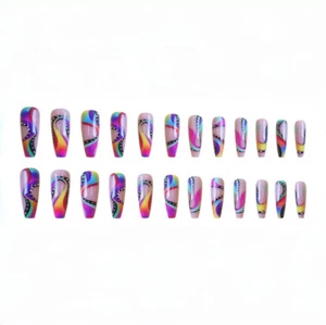 Long Coffin Press-On False Nail Rainbow Colorful Gradient Waves Manicure 24pcs - Foto 1 di 6