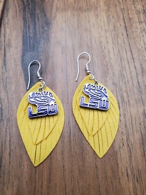 LSU Tigers - Yellow Boho Leather Feather Wire Hook Earrings - Jewelry Gift - Image 1 of 2