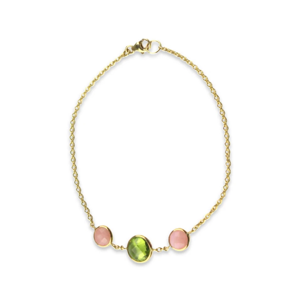 Peridot, Pink Opal Checkerboard Cut Bracelet Set In 14K Yellow Gold - Image 1 of 1