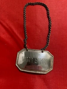Silver Plated WHISKY hexagonal Decanter or bottle Wine Label with chain hanging - Picture 1 of 2
