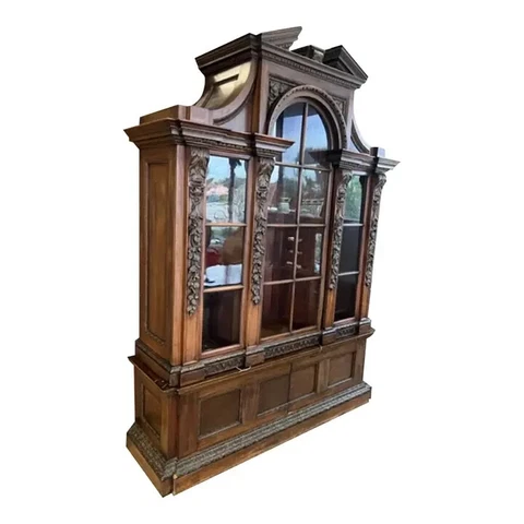 Antique English Hamptons of London Walnut Carved Show Case Cabinet, Bookcase Cover