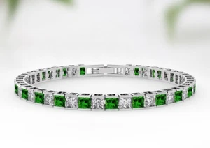 16 ctw Created Princess Green Emerald & Diamond Tennis Bracelet 14K Gold Plated - Picture 1 of 6