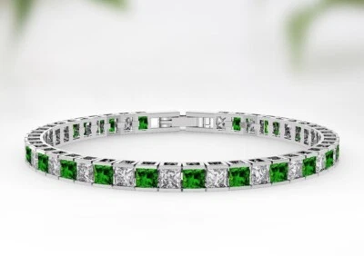 16 ctw Created Princess Green Emerald & Diamond Tennis Bracelet 14K Gold Plated - Image 1 of 4