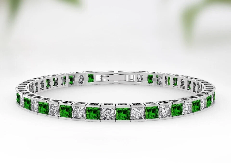 16 ctw Created Princess Green Emerald & Diamond Tennis Bracelet 14K Gold Plated - Image 1 of 4