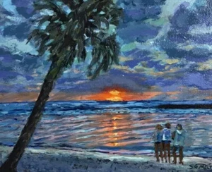 Original Acrylic Art Painting Sunset Beach Tropical Signed OOAK 8 X 10 Canvas - Picture 1 of 2