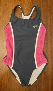 Speedo Girl's Size 10 One Piece Swimsuit Charcoal Pink White Excellent Condition - Picture 1 of 11