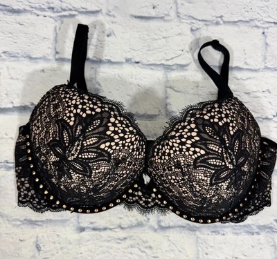 Victoria's Secret Women's 34D Bombshell Push Up Bra Underwired Gold Studded Lace - Image 1 of 4