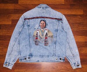 Vintage Hand Painted Native American Light Stone Wash Denim Jacket Size M