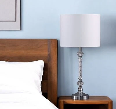 19" Silver Metal and Faux Crystal Table Lamp With White Drum Shade - Image 1 of 4