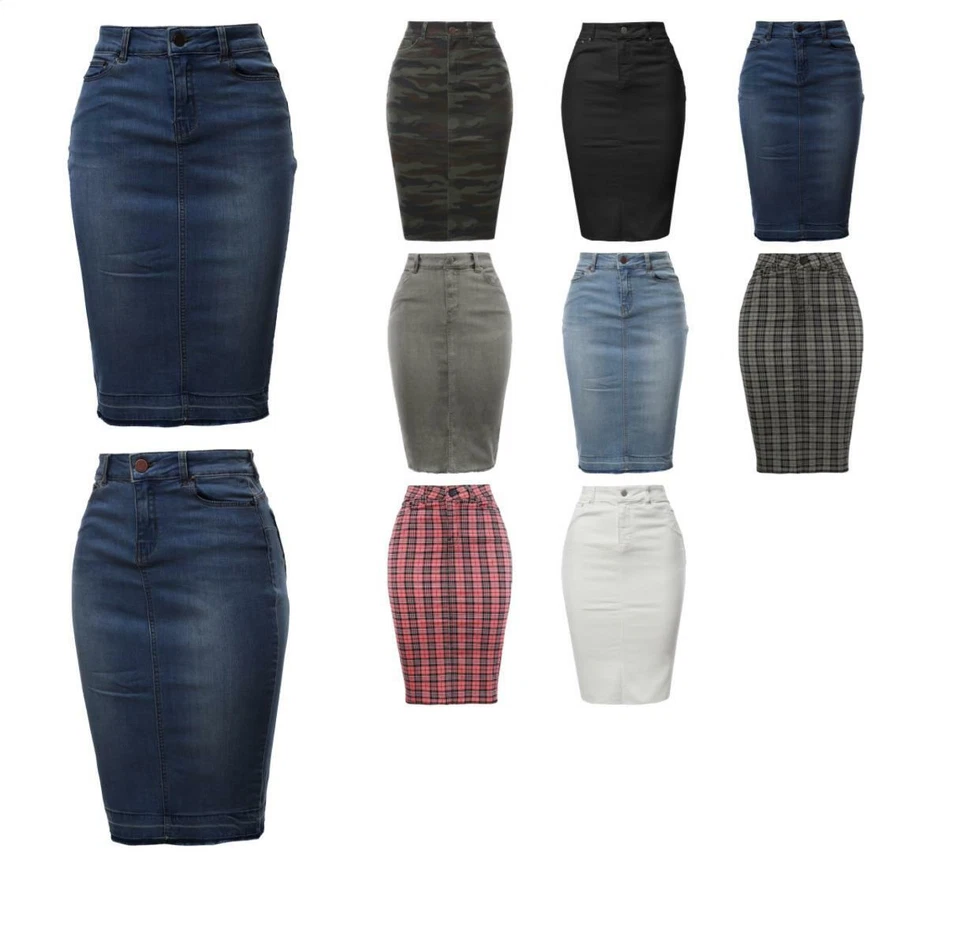 Slim Fit Rayon Knee Length Unhem Back Slit Denim Jean Pencil Skirt - Image 1 of 1