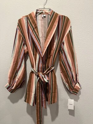 Nordstrom Striped Cotton Gauze Open Front Cardigan Jacket Brown Peach Olive NWT - Image 1 of 4