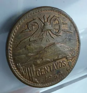 Mexico 1954 20 Centavos Uncirculated Condition Bronze KM#439 Major Error - Picture 1 of 7