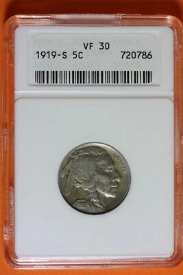 1919-S 5C VF30 ANACS BUFFALO NICKEL #B39568 - Image 1 of 2
