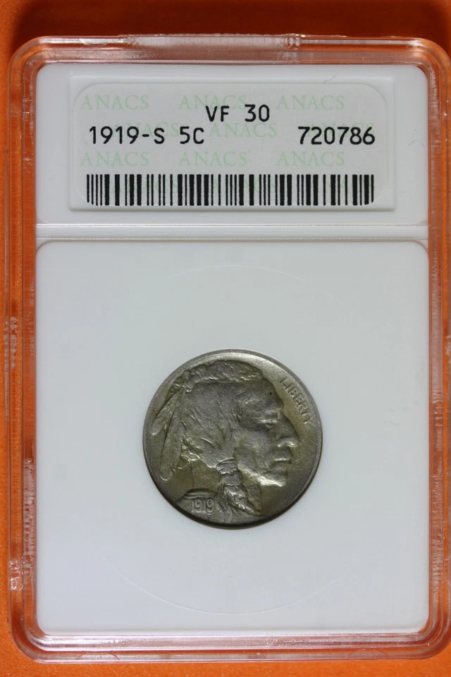 1919-S 5C VF30 ANACS BUFFALO NICKEL #B39568 - Image 1 of 2