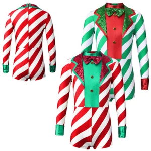 Kids Girls Christmas Bodysuit Stripes Print Christmas Santa Costume Sequins - Picture 1 of 22