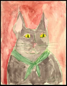 ORIGINAL watercolor PAINTING : Frank the cat SIGNED with red back + green collar - Picture 1 of 12
