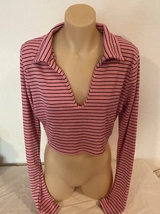 Pretty Little Thing Pink Stripe Rib Collar Cropped Top Ladies Size 14 BNWT - Picture 1 of 6