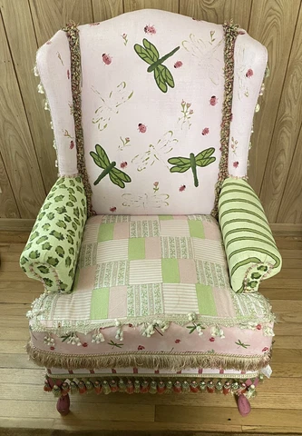 Hand Painted Wingback  Chair with Matching Throw Pillow Cover