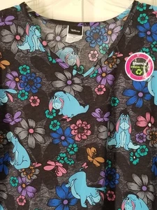 Disney NWT Women M Medium Multicolor Eeyore Donkey Scrub Top Pockets Polyester - Picture 1 of 6