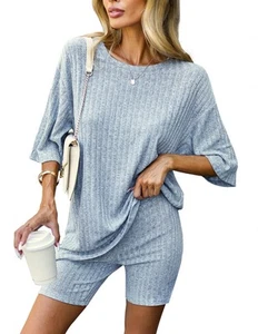 Pajamas 2 Piece Lounge Sets Ribbed Knit Matching Outfits T-shirt Biker Shorts... - Picture 1 of 6