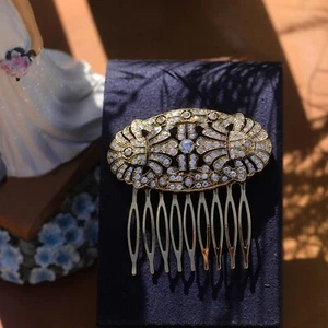 Antique Gold Art Deco Hair Comb Large Oval White Rhinestones 1920S QD22 - Picture 1 of 5