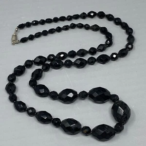 Black Glass Bead Necklace Round Oval Graduating Faceted Long Holiday Vintage 30" - Picture 1 of 10