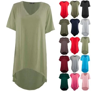 Womens Ladies Casual Dipped Hem Short Sleeve Stretch Long Swing High Low Tee Top - Picture 1 of 22