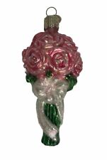 Vintage Old World Christmas Bridal Flower Bouquet Glass Ornament Pink Roses EUC