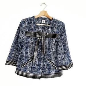 Cabi Womens Medium Blue Black Plaid Cropped Reina Plaid Blazer Jacket Tie Front - Picture 1 of 6