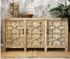 ARAV SOLID TIMBER RUSTIC SIDEBOARD BUFFET NATURAL CARVED 3 DOORS DISTRESSED - Picture 1 of 1