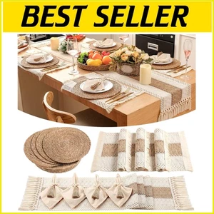 Elegant 4-Piece Set: Round & Rectangular Boho Placemats with Napkin Rings - Picture 1 of 9