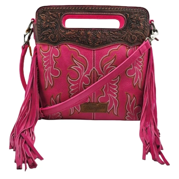 Wrangler Ladies Western Tooled Fringe Hot Pink Crossbody Bag - Hot Pink - Image 1 of 1