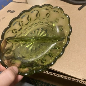 Vintage INDIANA GLASS Green Thumbprint OVAL Divided Relish Dish Dishes - Picture 1 of 8