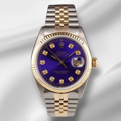 Rolex Datejust 36 mm oro amarillo estriado azul real esfera diamante reloj jubileo Foto 1 de 4