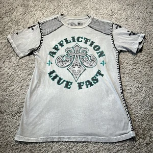 Y2K Affliction Live Fast T-Shirt Adult Small USA Gray Felt Graphics Distressed - Picture 1 of 8
