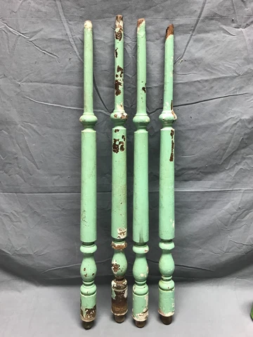 Set 4 Antique Turned 27" Wood Spindles Shabby Apple Green Chic VTG Old 68-23B Cover