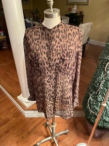 Chaps by Ralph Lauren XL stand up collar Animal Print semi sheer Wild Blouse Top - Picture 1 of 7