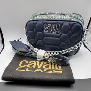 Brand New CAVALLI CLASS Quilted Crossbody Bag Python Dark Blue SAVE List $425  