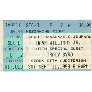 HANK WILLIAMS JR & TRACY BYRD Konzert Ticket Stub SIOUX CITY IOWA 11.09.93 selten - Bild 1 von 2
