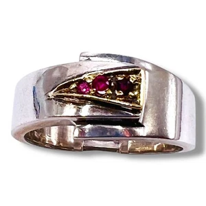 Red Ruby Sterling Silver Two Tone Modernist Handmade Artisan Band Ring SZ 7.75 - Picture 1 of 14