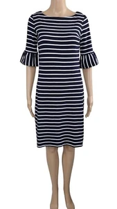TALBOTS NWT $109 Navy Blue Striped Short Sleeve Boat Neck Mini Shift Dress XS - Picture 1 of 6