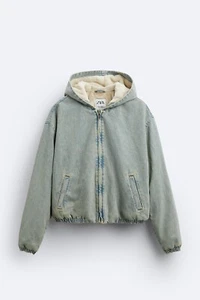 New Zara Hoodie Faux Fur Denim Jacket 0840/410 Blue S coat overshirt jeans shirt - Picture 1 of 8