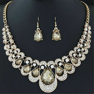 Women Crystal Gold Necklace Earrings Choker Boho Wedding Jewelry Gypsy Set Gifts