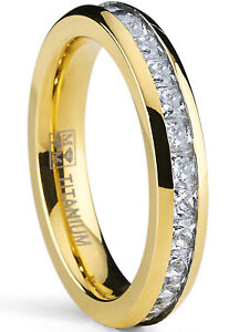 4MM Goldtone Princess Cut women's Eternity Titanium Ring Wedding Band CZ